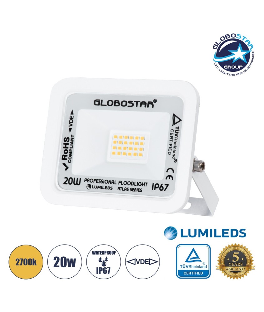 GLOBOSTAR® ATLAS 61409 Προβολέας LED 20W 2300lm 120° AC 220-240V Αδιάβροχο IP67 Θερμό Λευκό 2700K - Lumileds SMD Chip - TÜV Rheinland Certified - Λευκό Ματ - Μ12 x Π2.5 x Υ9.5cm - 5 Χρόνια Εγγύηση